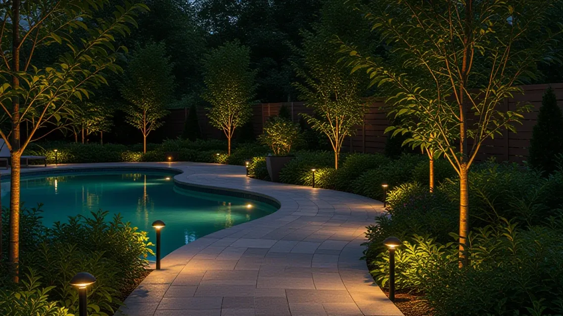 A paver path curving past a pool, lit by low path lights among young trees