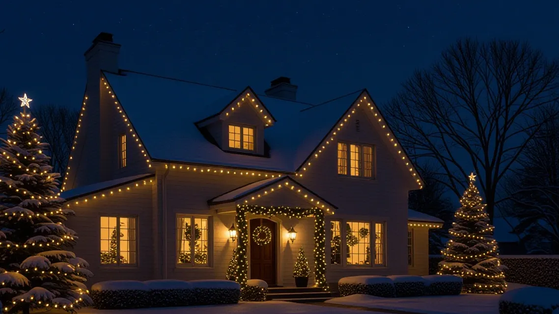 A snow-covered house with warm white Christmas lights on every roofline and two lit evergreens