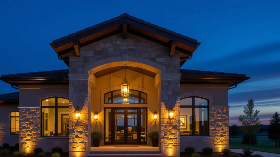 A stone entry with an arched porch, its columns washed with warm light from below